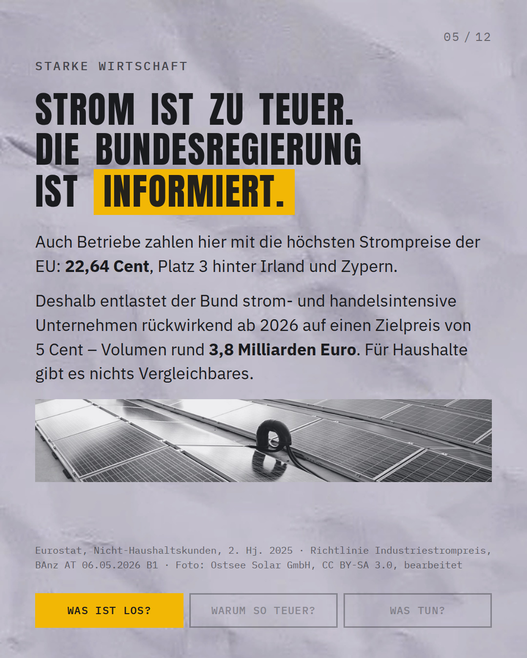 Die Bundesregierung ist informiert — 5 Cent Zielpreis für die Industrie, nichts Vergleichbares für Haushalte