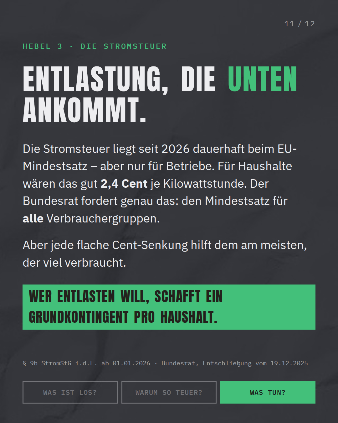 Entlastung, die unten ankommt — Grundkontingent statt flacher Cent-Senkung