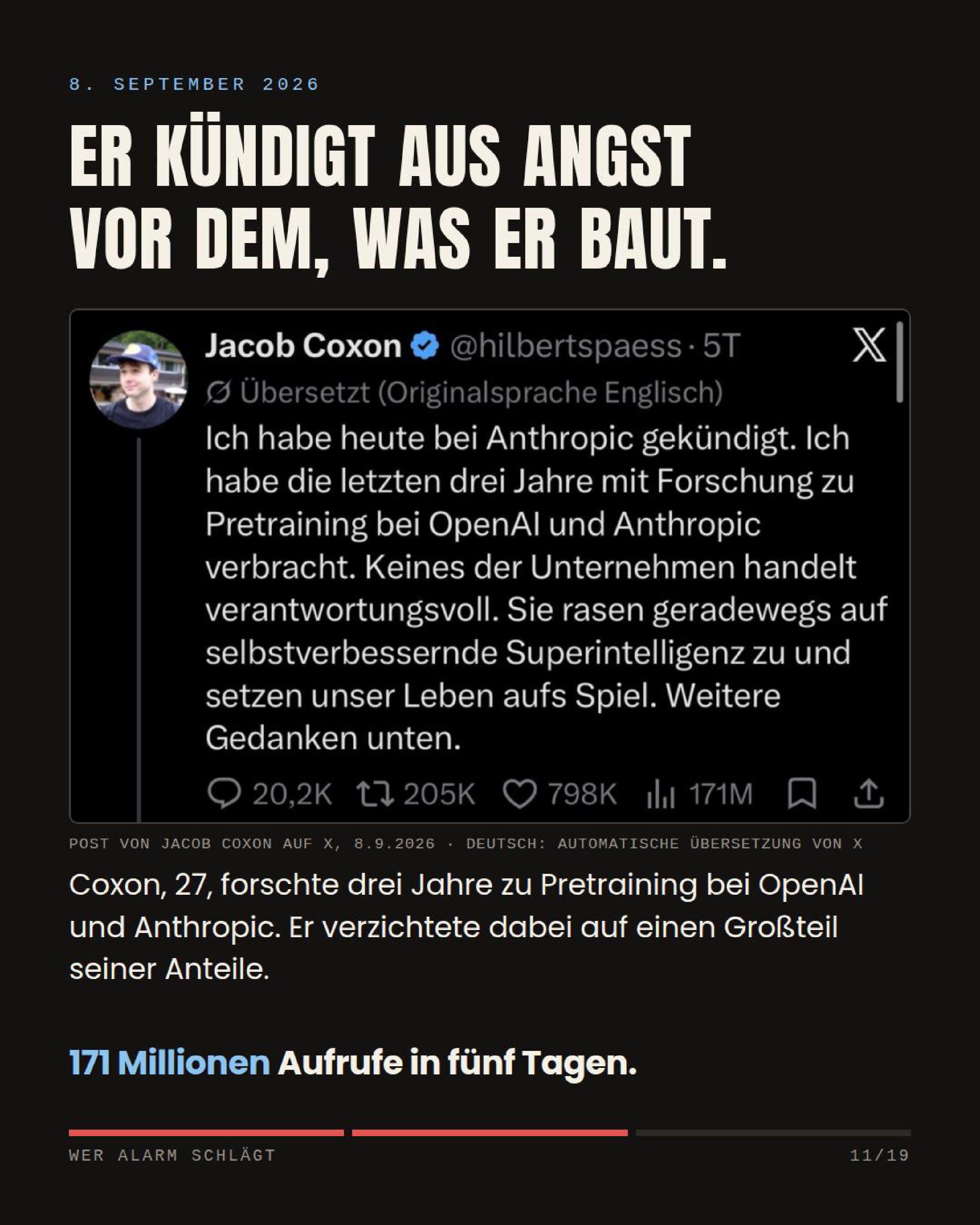 Er kündigt aus Angst vor dem, was er baut — Jacob Coxon, 171 Millionen Aufrufe in fünf Tagen